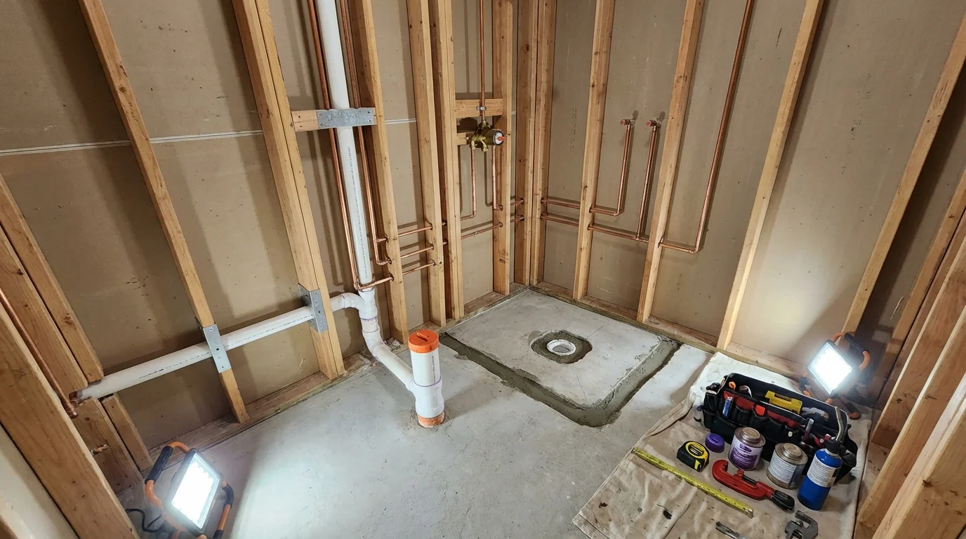 Bathroom rough-in plumbing during remodel by Johns Plumbing LLC in High Point