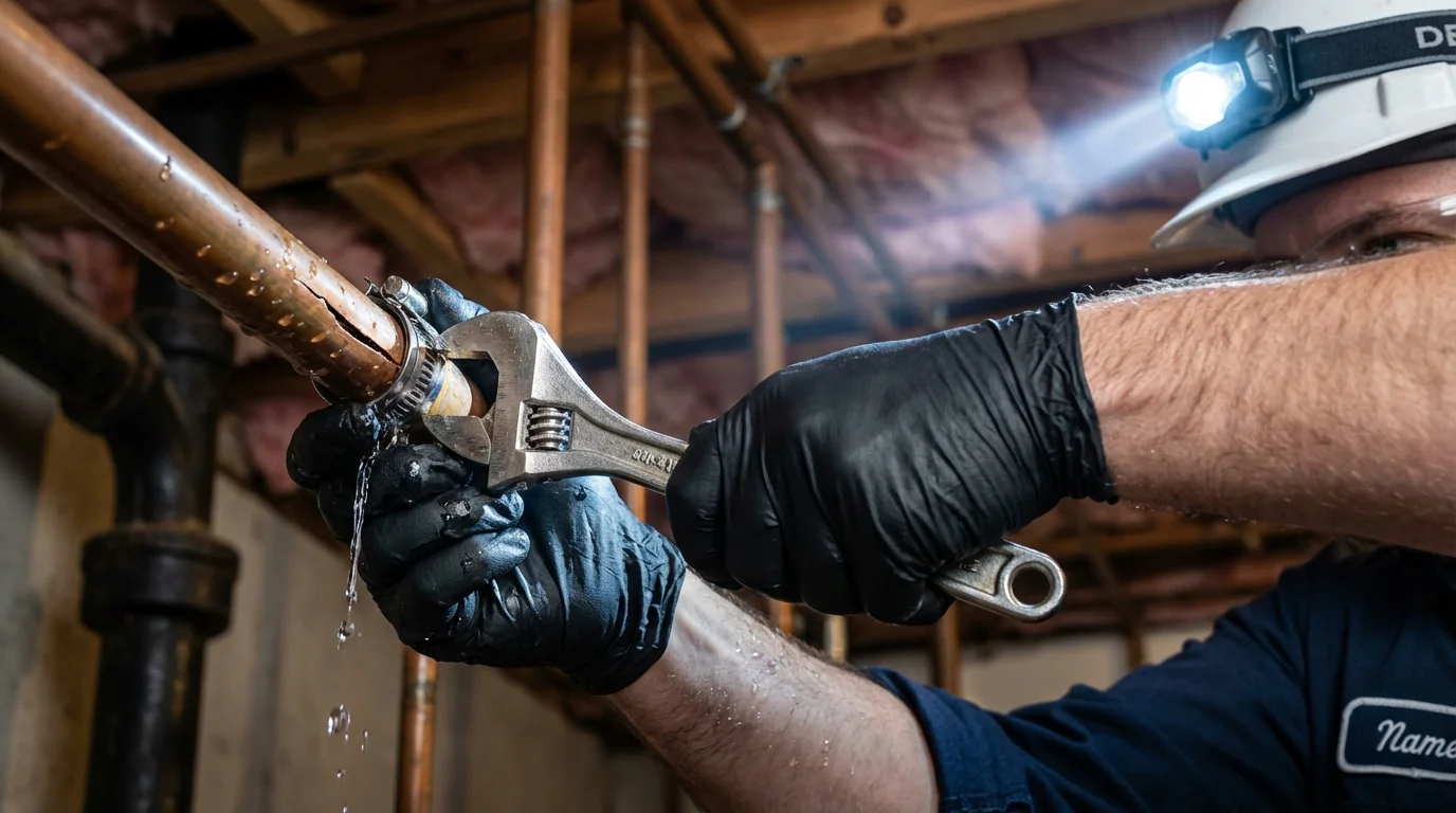 Emergency pipe clamp repair being performed by a Johns Plumbing LLC plumber in High Point