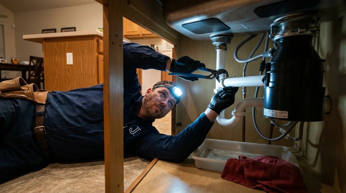 P-trap and supply line connections under a kitchen sink showing a common leak point in High Point, NC